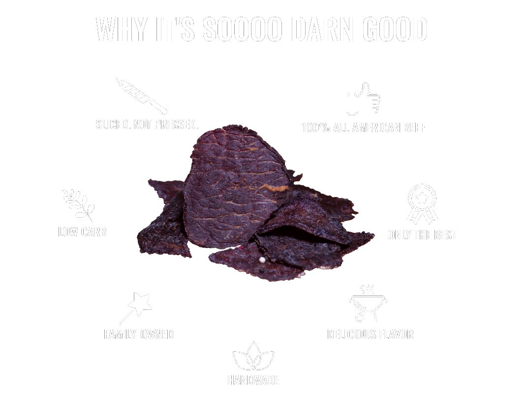 Why it's so darn good! - Sliced. Not Pressed. - 100% All American Beef - Only The Best - Low Carb - Family Owned - Delicious Flavor - Handmade