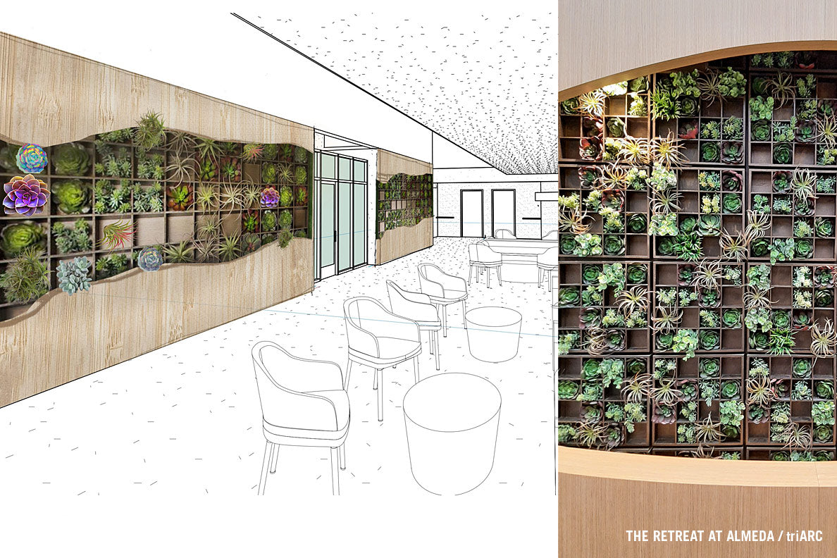 Architect rendering and close up of Pixelated Green Wall.