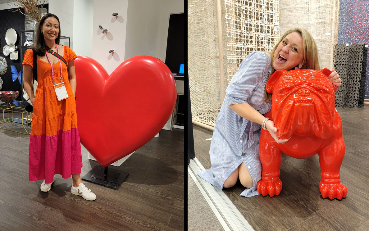 Two images. One of a woman in front of a large heart sculpture. The other of a woman hugging a red bulldog sculpture.