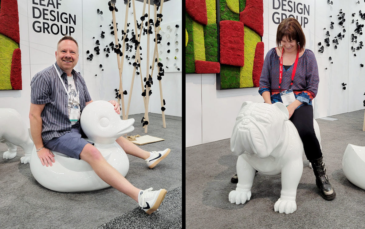 Two images. Image on left is man sitting on large white fiberglass duck sculpture. Image on Right is woman sitting on large white bulldog sculpture.