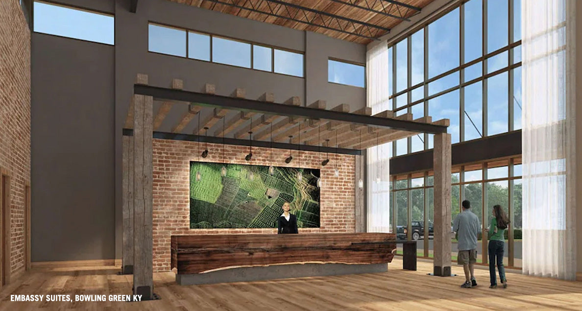 Architectural rendering of patchwork Green Wall design in a hotel lobby with exposed wooden beams.
