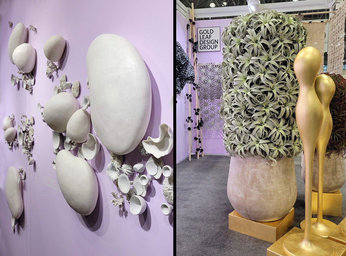 Composite of two images showing close ups of products at Gold Leaf Design Group's BDNY show space. Left side is a collection of white Wall Play and Wall art, the right hand side shows gold ghost and a mound botanical design.