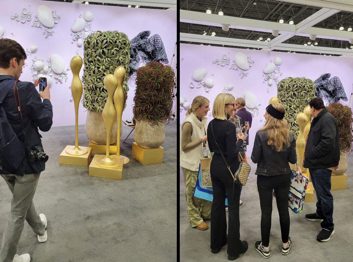 A two image composite of people visiting Gold Leaf Design Group's 2022 BDNY show space.