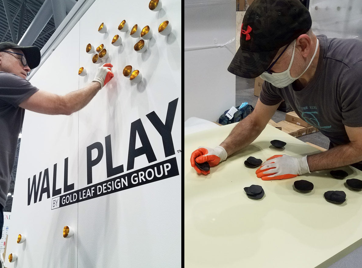 Two images side by side of a man creating a Wall Play display at the Gold Leaf Design Group BDNY booth.