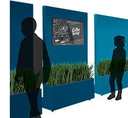 Architectural rendering of people walking past blue mobile divider walls that have planters with grasses and a monitor on them.