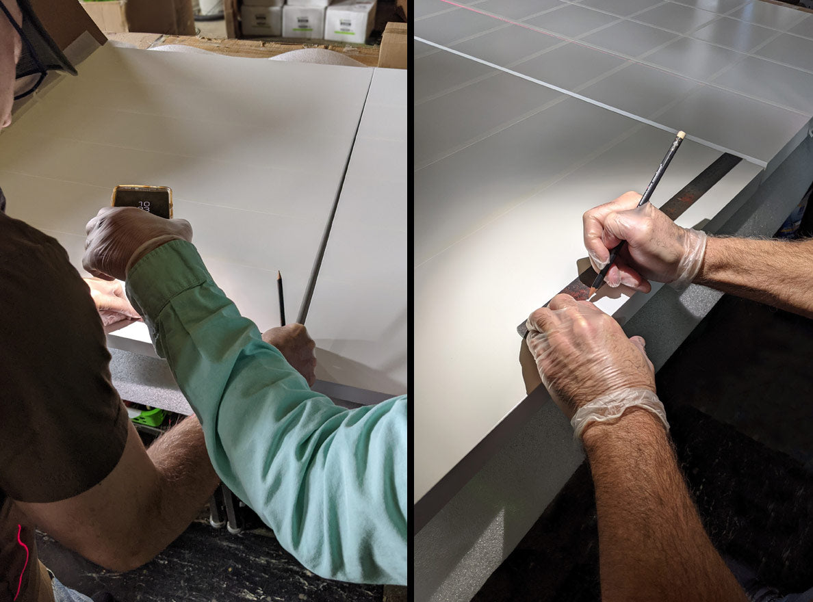 Two images side-by-side. The left shows a person holding a cell phone to act as a flashlight to assist measuring. Right image shows over the sholder view of person measuring.