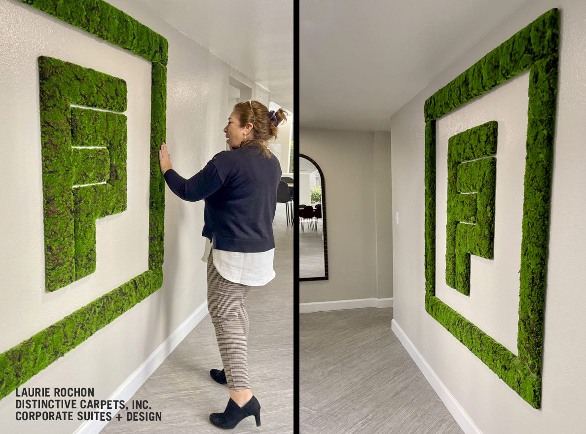 Two images showing a moss logo green wall in a hallway.