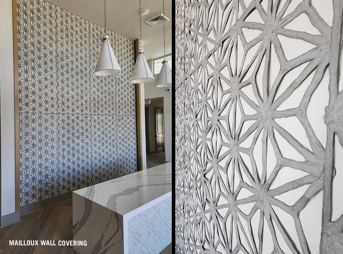 Two images showing handmade art paper with a geometric pattern on a wall behind a counter.