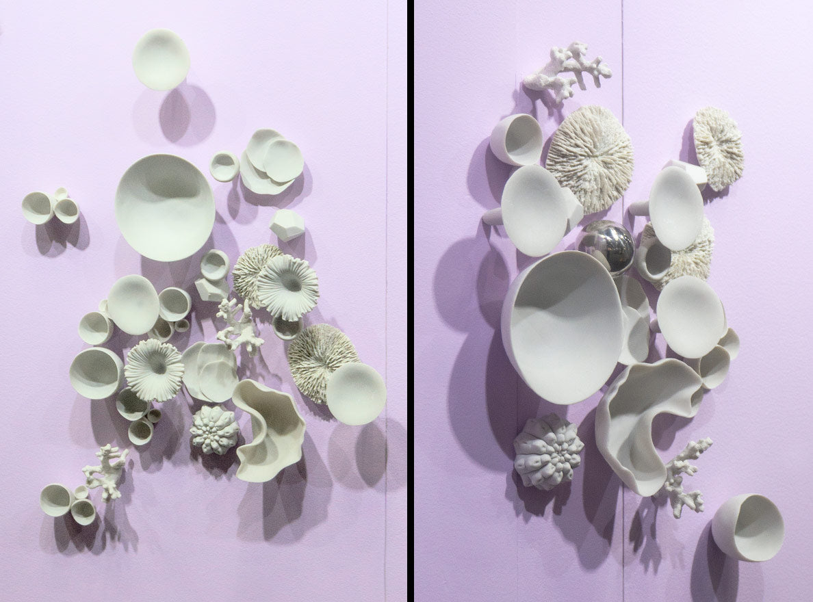 Two images showing variety of light grey Wall Play on a purple wall at Gold Leaf Design Group's BDNY trade show space.