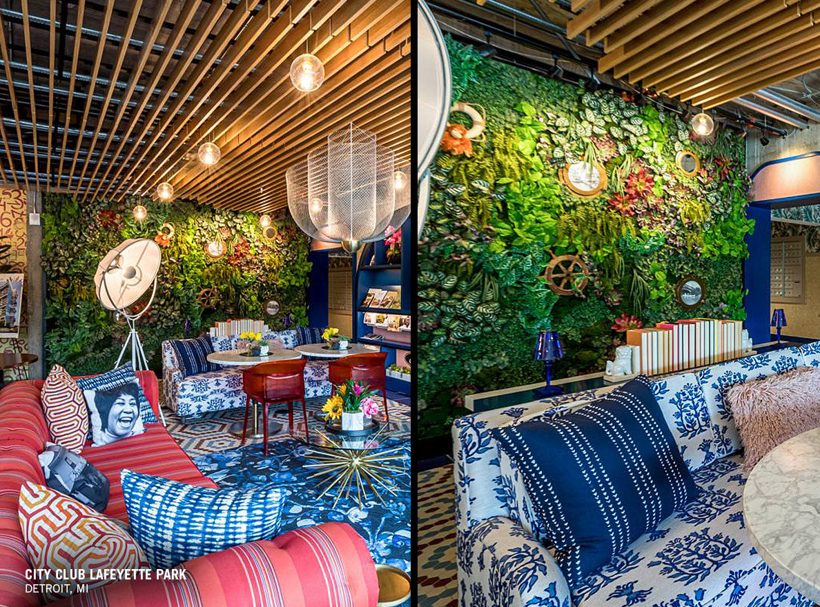 Two images of a green wall in a very active and colorful apartment lobby.