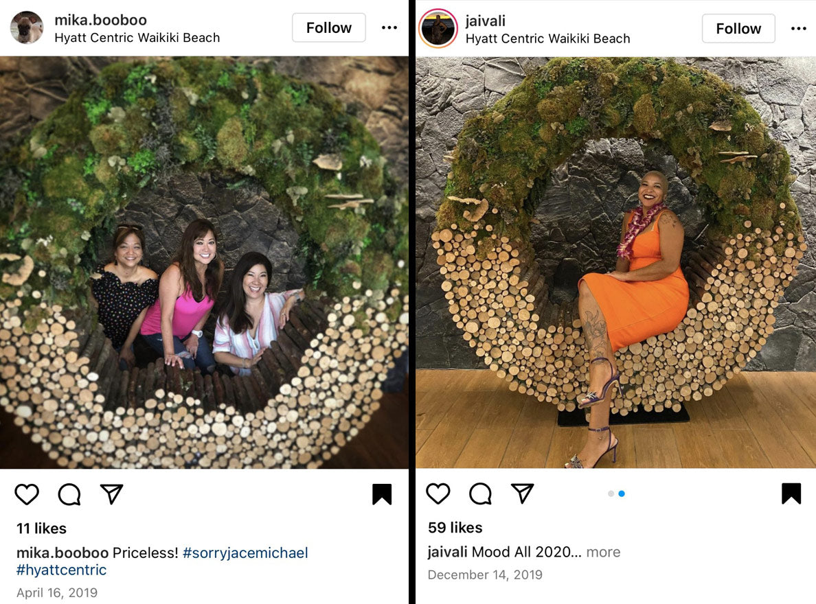 Two instagram posts with photos of people posing behind and on a large wooden ring sculpture with a mossy top.