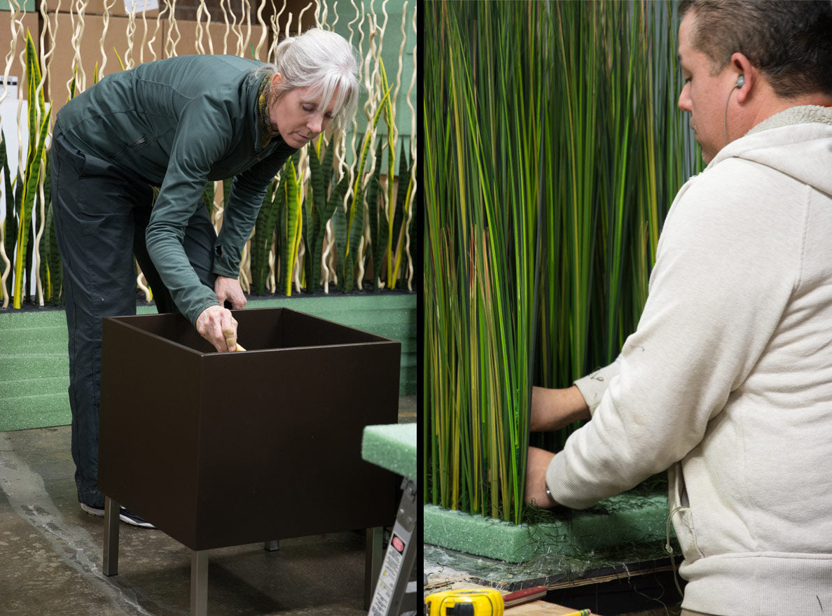 Two images side by side. A woman measuring a custom planter on the left, a man putting permanent botanical grasses into a foam insert. man