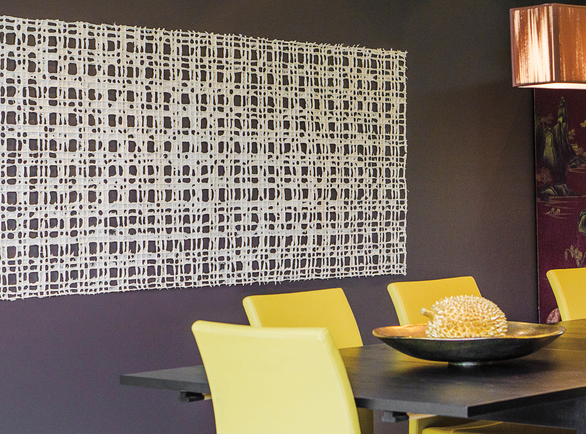 Handmade Paper as wall art in an upscale dining room.