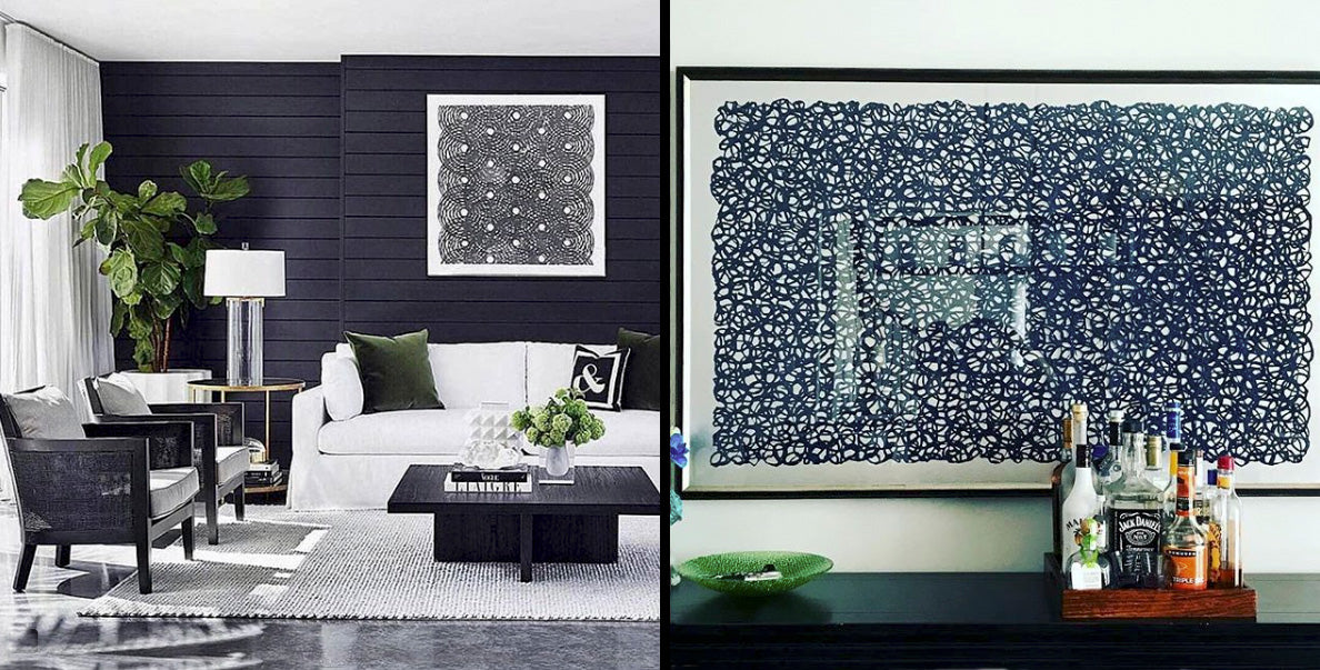 Two images. Both show Handmade art paper in frames in living room settings.