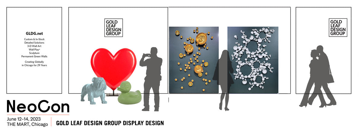 Line drawing mock-up of gold Leaf Design Group's 2023 NeoCon display.