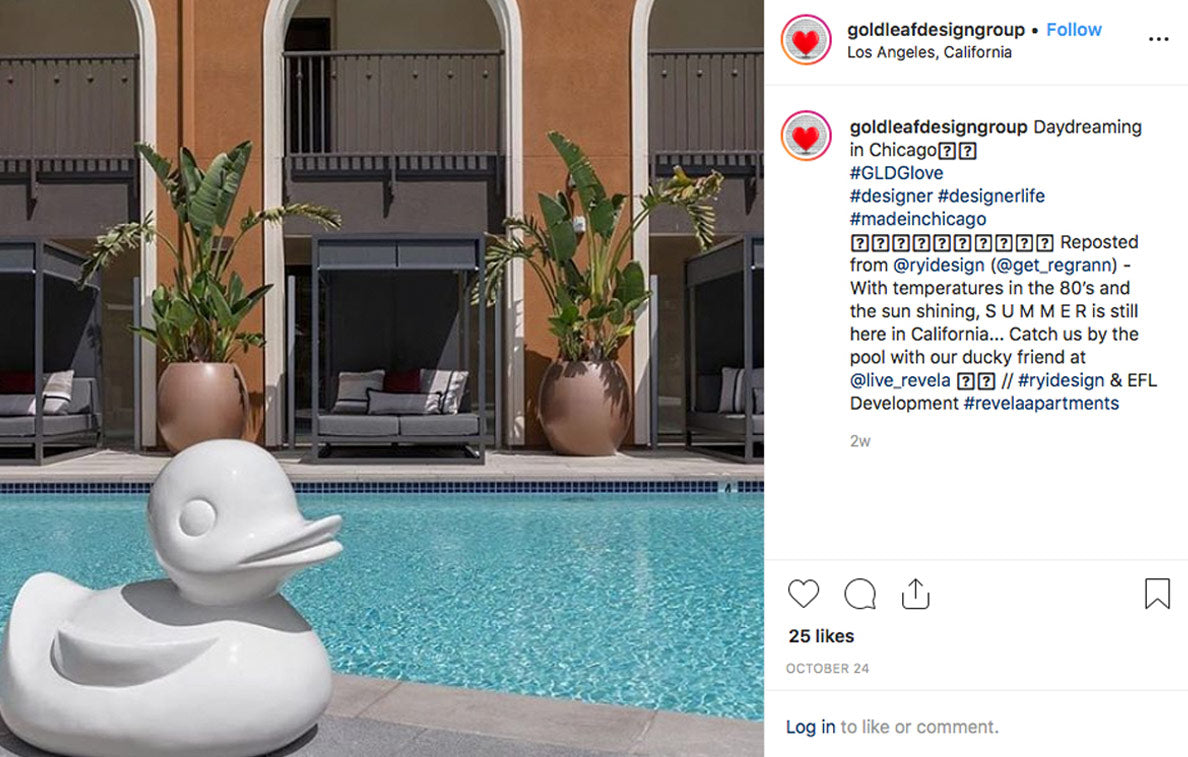 Instagram post showing white duck sculpture next to a pool.