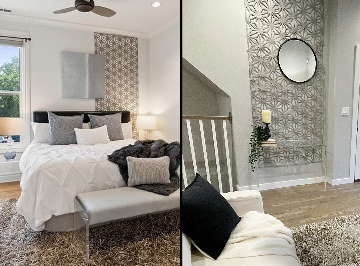 Two images side by side of Handmade Art paper being used in interior designs. The left image is of a bedroom, the right image is a living room.