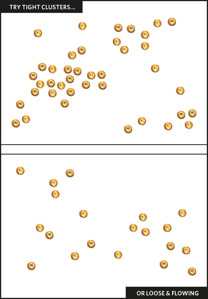 Diagram showing two possible Wall Play designs for inspiration. One is labeled "Try tight clusters..." the other says "or loose and flowing."