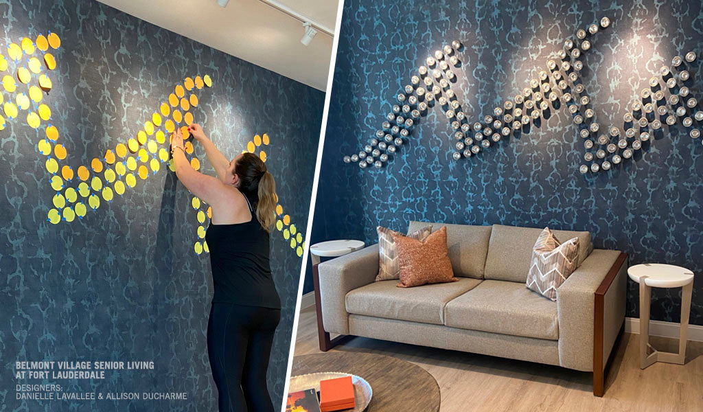 Two images showing planning/installation of a Wall Play installation in a senior living facility.