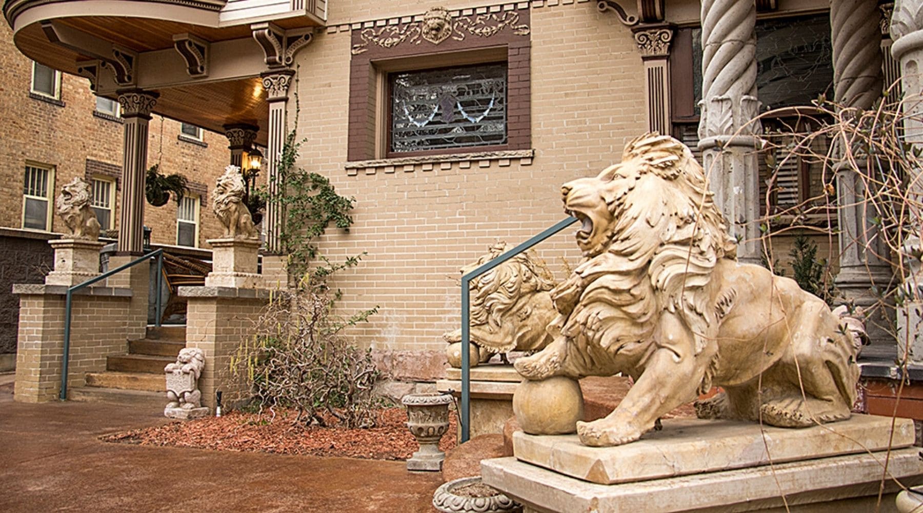 Lions devant maison
