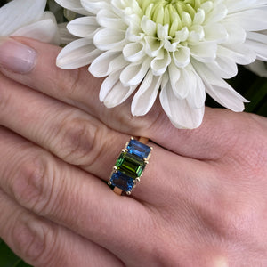 *On The Rocks* Green Tourmaline & Blue Sapphire Cocktail Ring in Yellow Gold 🍹