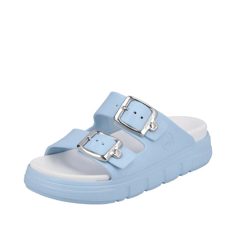 Rieker P2180-10 Ladies Chunky Buckle Mule Sandal Aqua