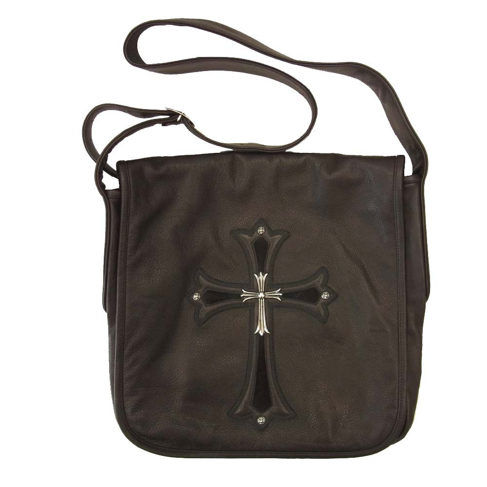 CHROME HEARTS クロムハーツ（原本有） MAIL BAG LG CRS メールバッグ ラージCHクロス レザー ショルダー バッグ  ダークブラウン系【中古】