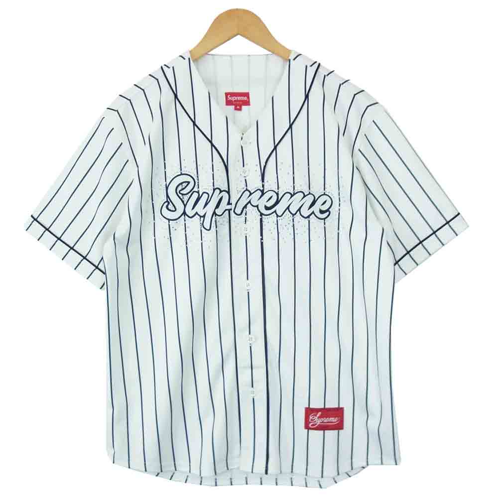 Supreme シュプリーム 20SS Rhinestone Baseball Jersey Pinstripe ストライプ ラインストーン  ベースボール シャツ ホワイト系 M【極上美品】【中古】