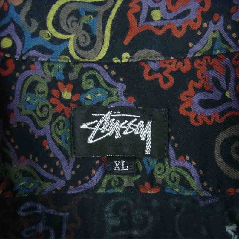 STUSSY ステューシー ヴィンテージ 80s 初期 長方形黒タグ USA製 ボタニカル 総柄 オープンカラー 長袖 シャツ ブラック系  マルチカラー系 XL【中古】