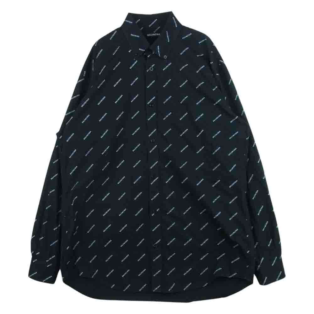 BALENCIAGA バレンシアガ 534333 TBL96 All over Logo Shirt オールオーバーロゴ 総柄 ボタンダウン 長袖  シャツ ブラック系 38【中古】