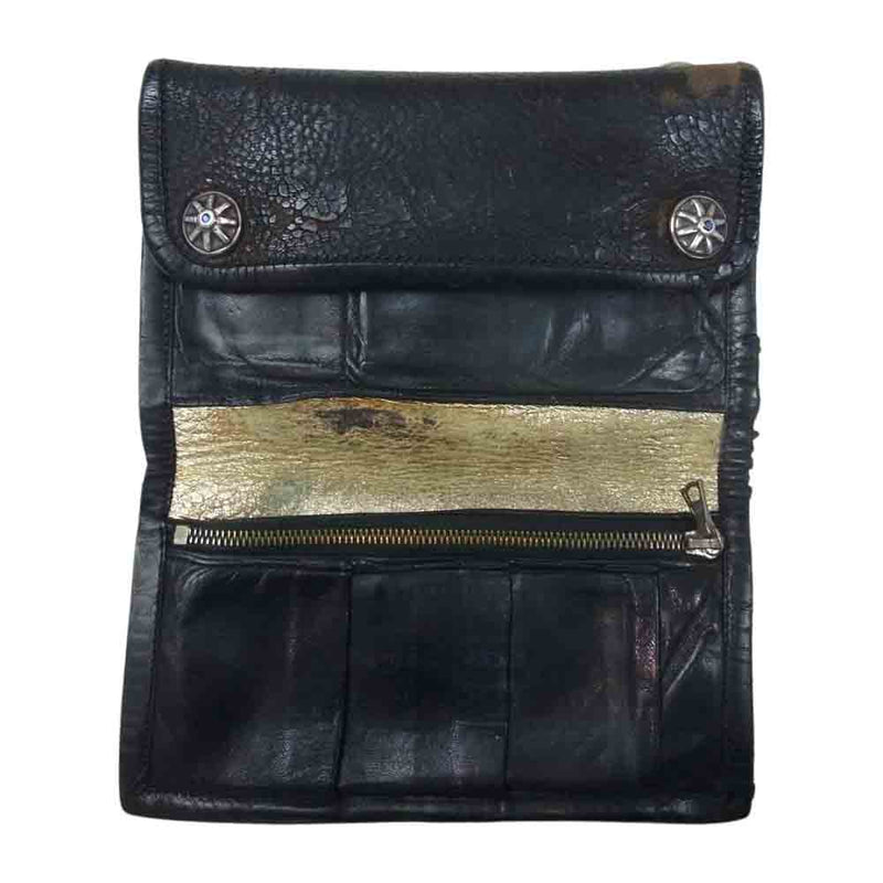 BILL WALL LEATHER ビルウォールレザー ストーン付きコンチョスナップ クロスインレイ ウォレット ブラック系【中古】