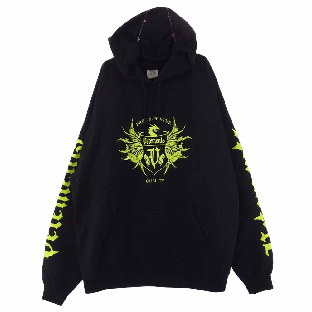 VETEMENTS ヴェトモン UA52TR900X BLACK LABEL Logo Hoodie ブラックレーベル ロゴ フーディー パーカー  ブラック系 グリーン系 M【中古】