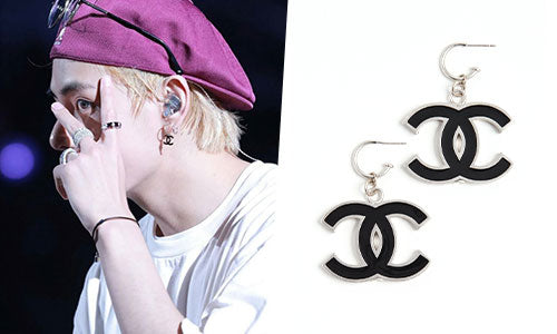 BTS V Black Enamel CC Drop Earrings