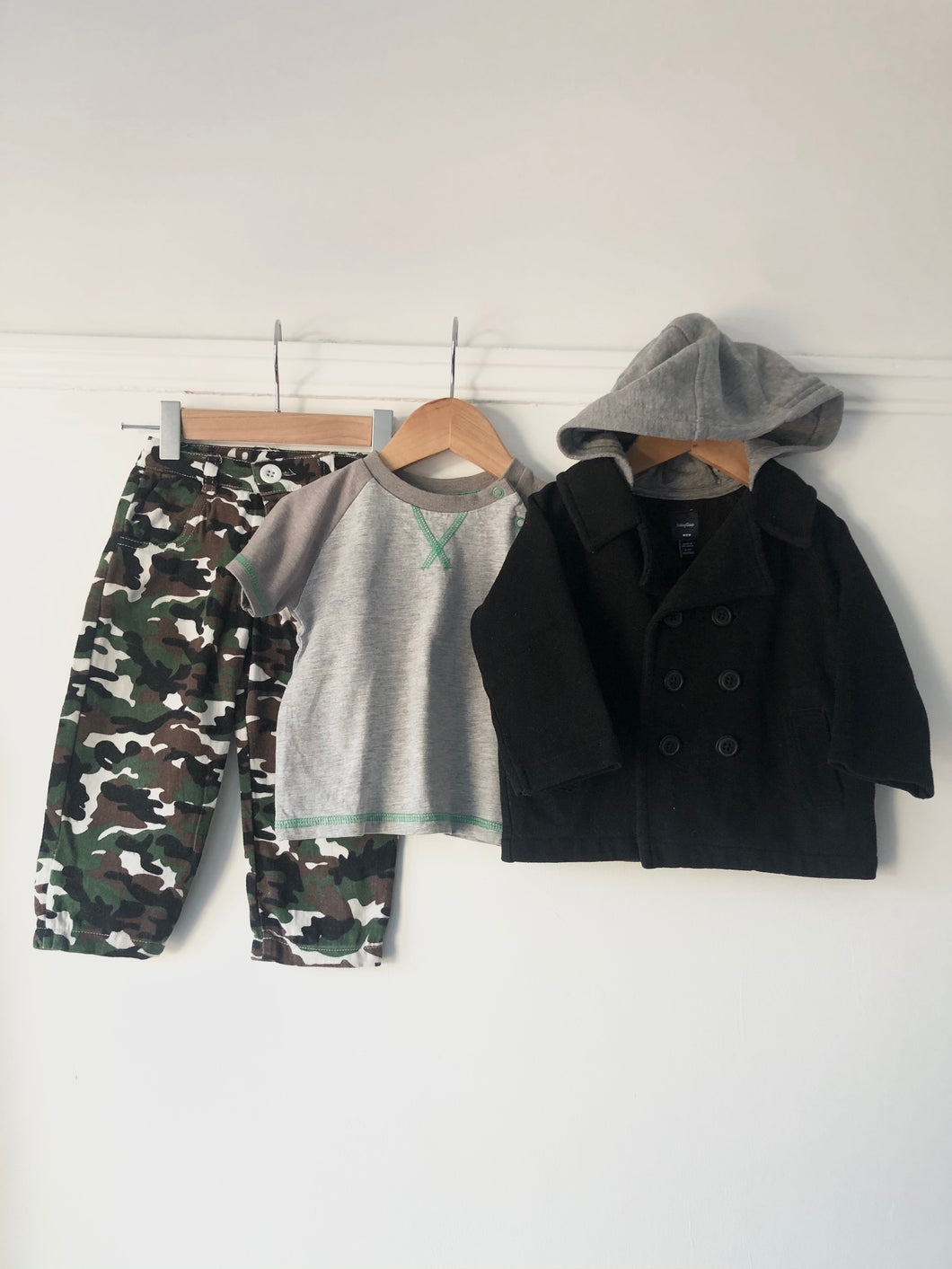 Includes:  Military trousers (Unknown - 90)  Shot sleeved green and grey t-shirt (Tu - 6 to 9 months)  Black cotton jacket with grey hoodie (Baby Gap - 6 to 12 months)