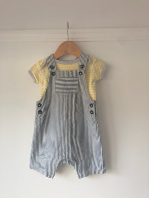 Yellow stripy short sleeved body (unknown 3 to 6 months)  Stripy dungarees (M&S 3 to 6 months)