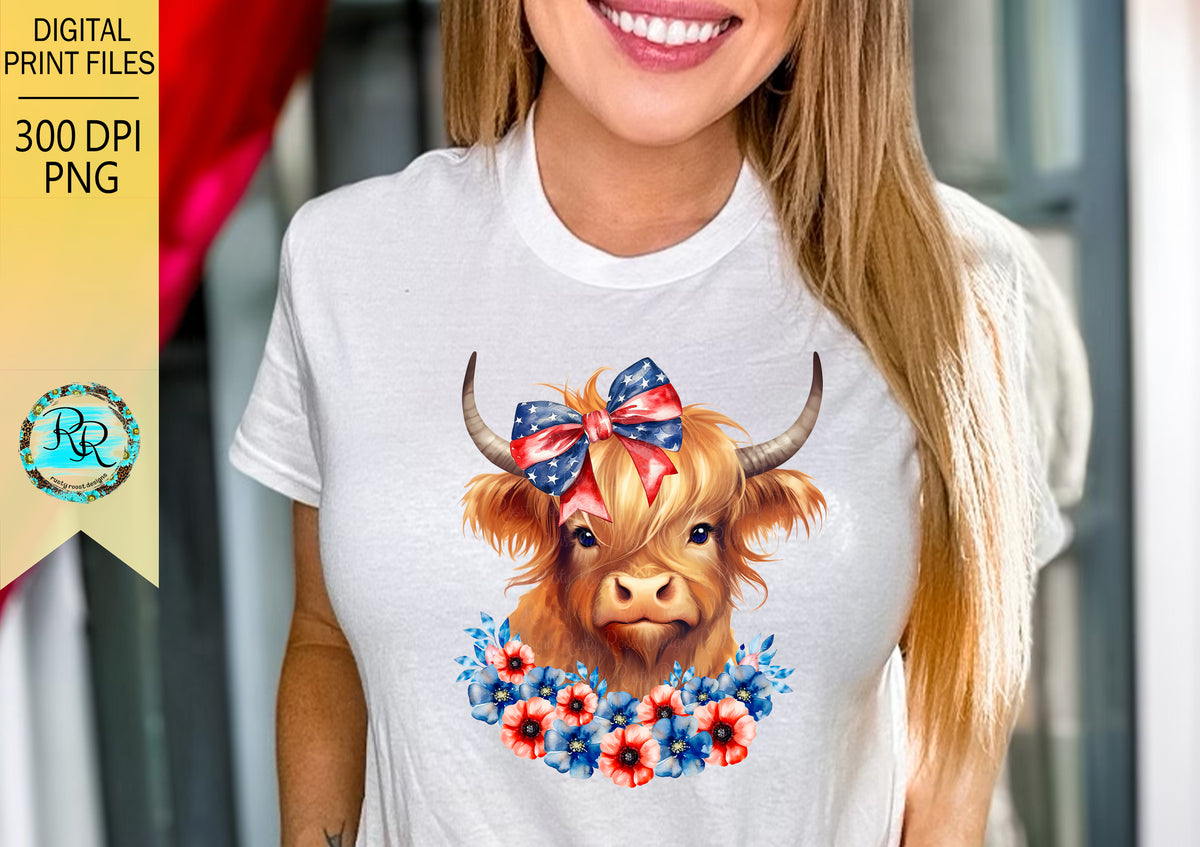 Patriotic highland cow Png, 4th of July, sublimation design, USA flag ...