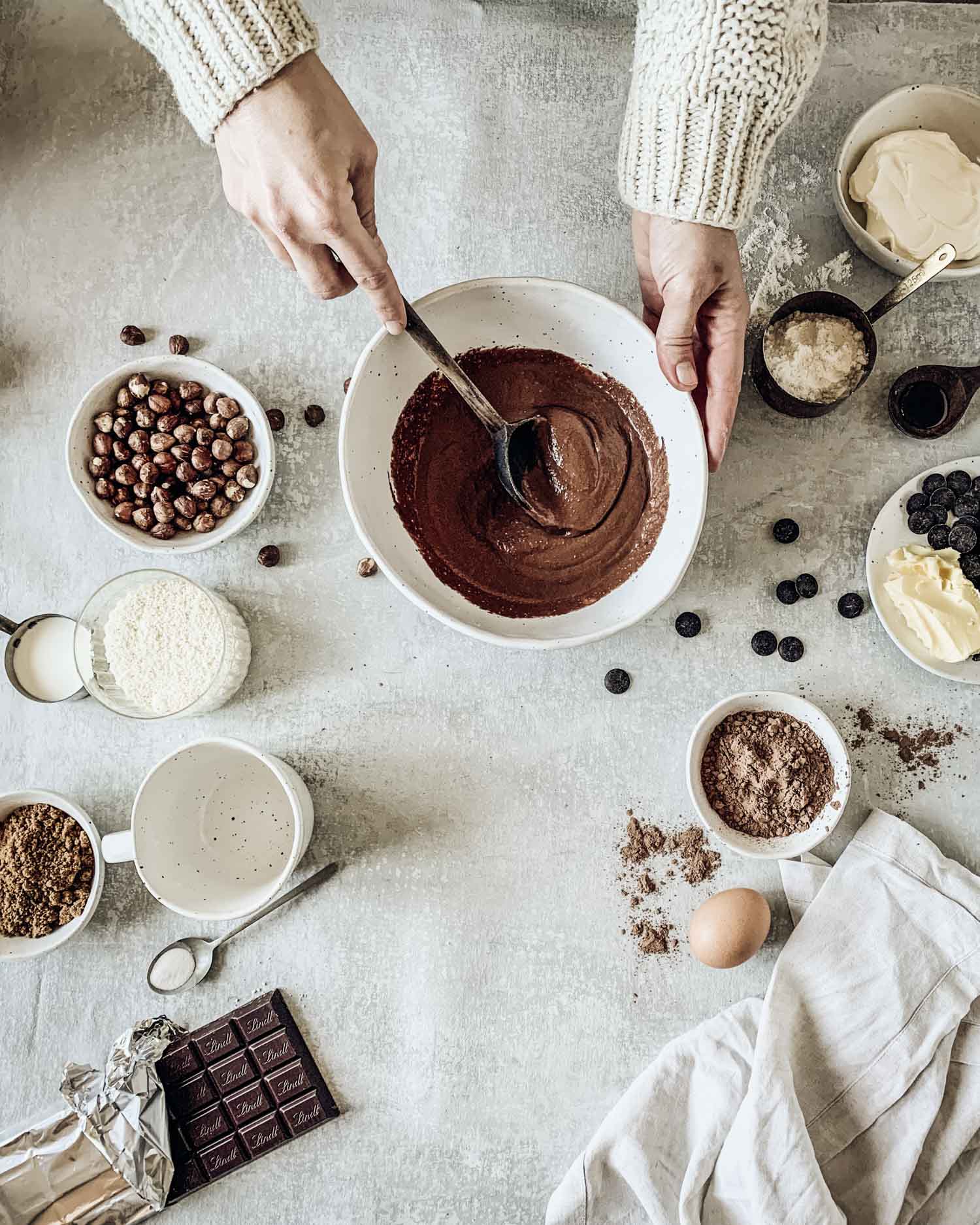 Chocolate pudding batter being mixed in Winterwares bowl