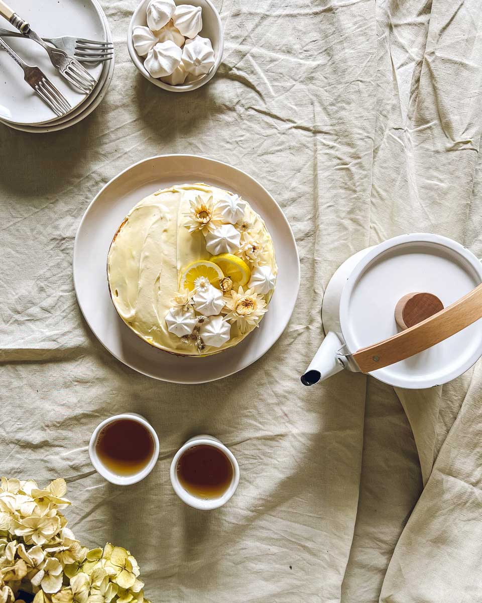 Table set for tea, with lemon cake