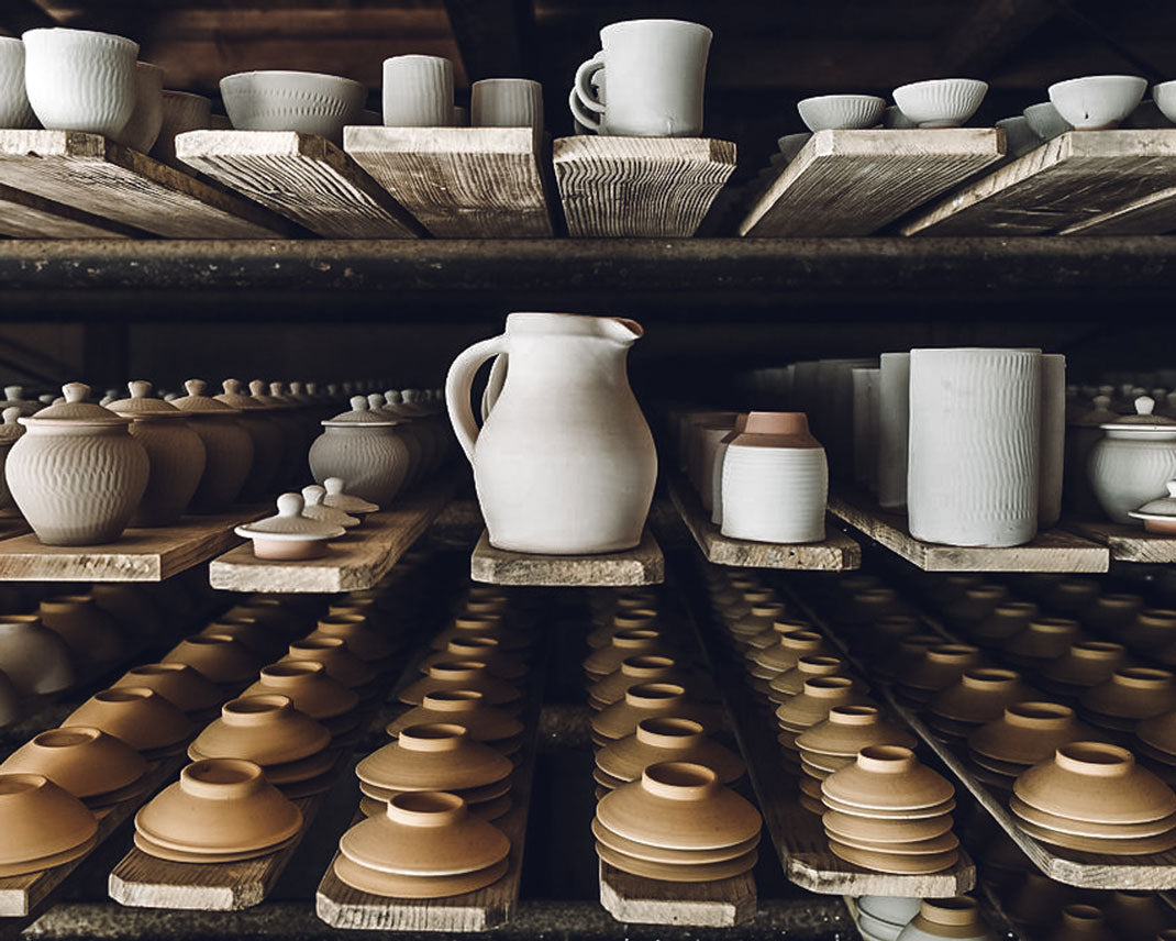 Rows of finished pots and bowls at the Onta pottery village in Japan