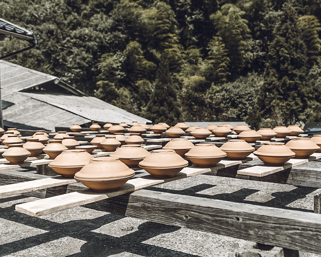 Rows of pots drying in the sun at the Onta pottery village in Japan