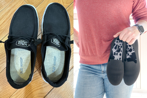 grey barefoot socks inside black slip on shoes; person holding slip on shoes with cow print sock insoles