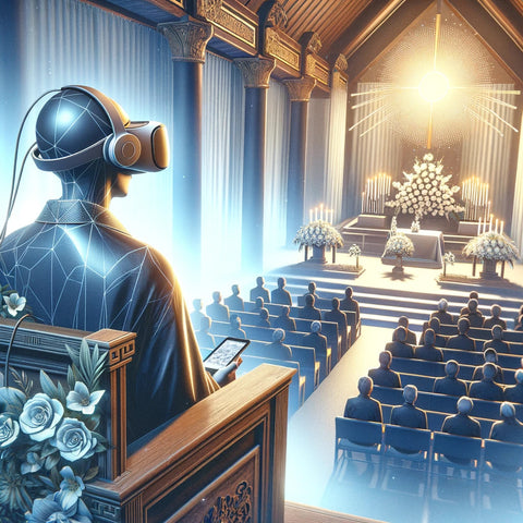 Illustration d'une cérémonie funéraire intégrant la technologie de réalité virtuelle, symbolisant l'innovation dans les pratiques funéraires modernes