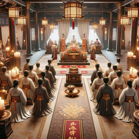 Représentation d'une cérémonie funéraire traditionnelle asiatique, mettant en scène des vêtements cérémoniels et des objets rituels, reflétant la richesse culturelle et le respect des traditions.