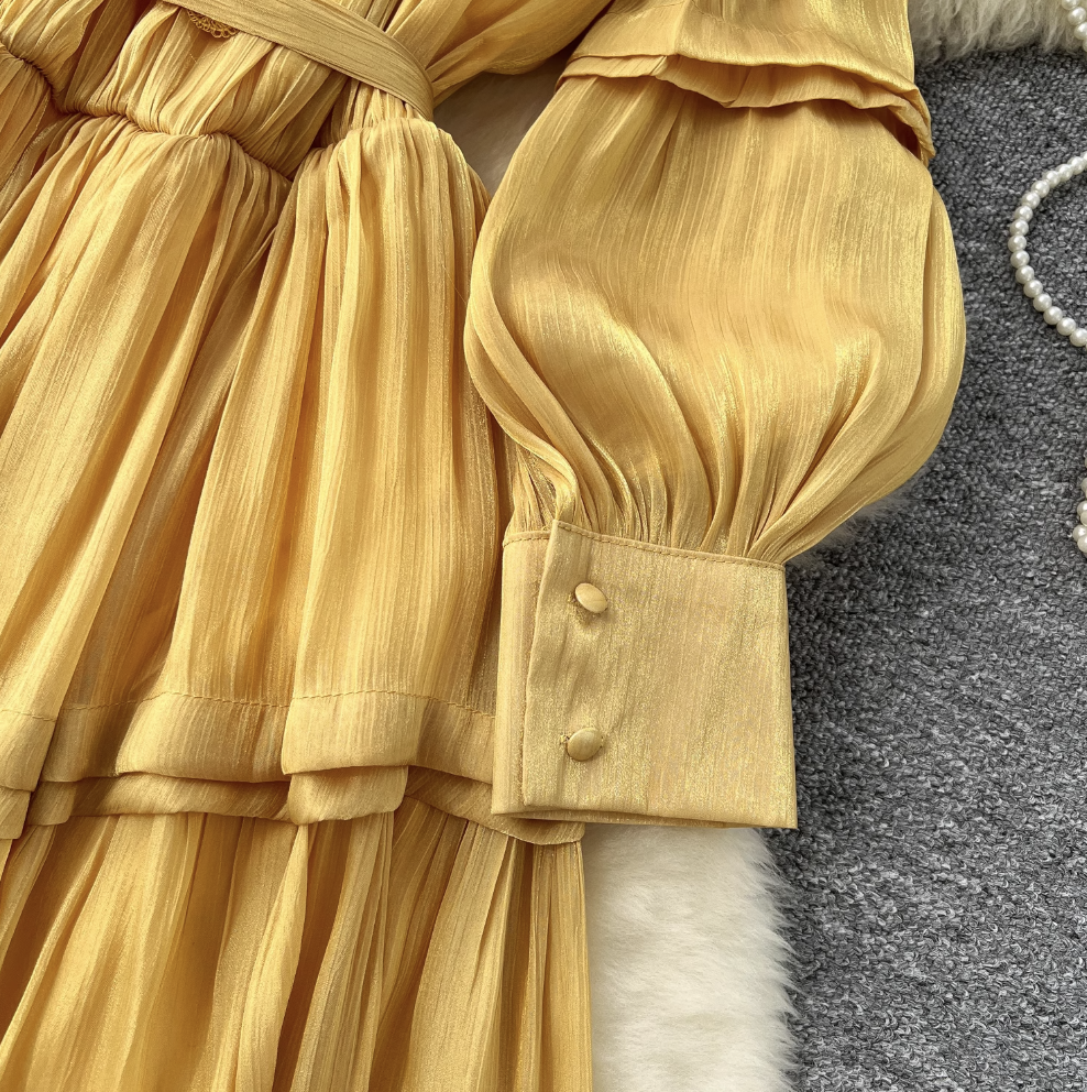 Solid Color Ruffled Glossy Dress