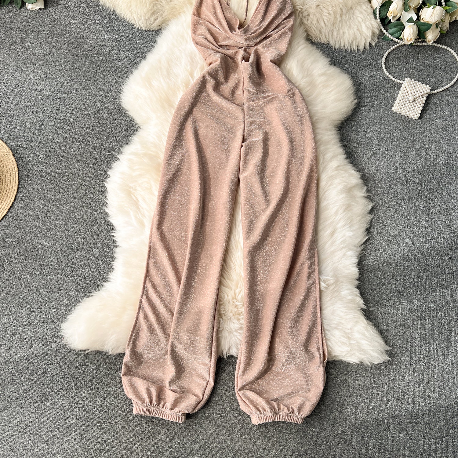 Draped Collar Backless Halter Jumpsuit