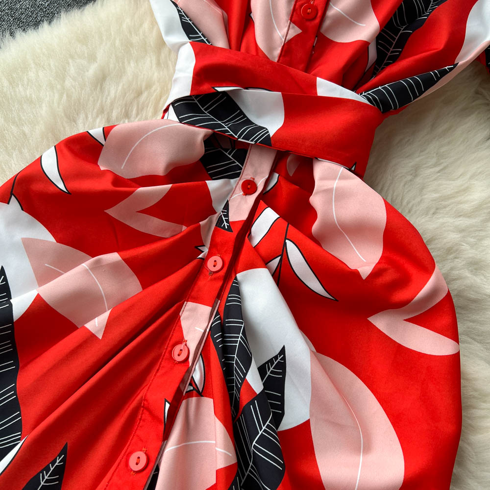Vintage Lapel Floral Pleated Dress
