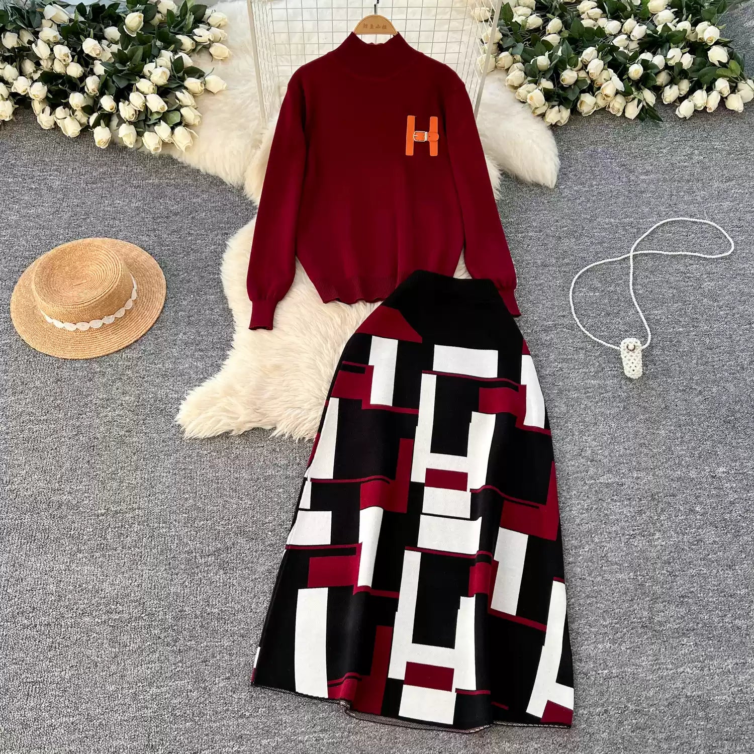  Embroidered Sweater & Color-blocking Skirt 2Pcs