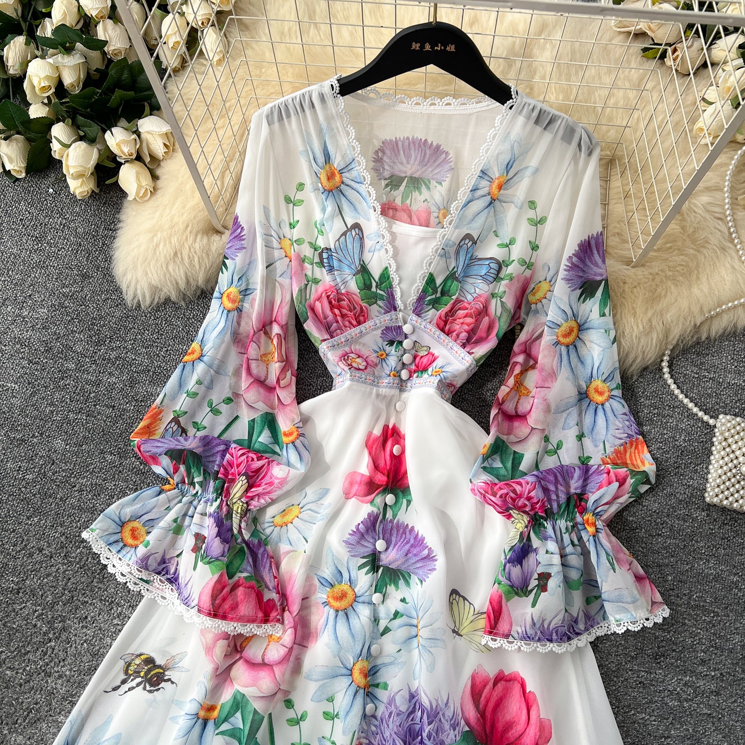 Deep V-neck Ruffled Floral Dress
