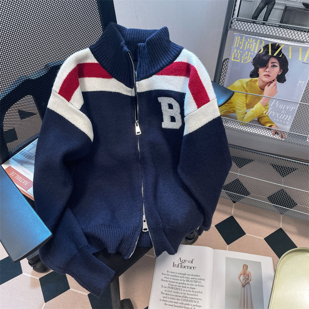  Stand Collar Color-blocking Striped Cardigan