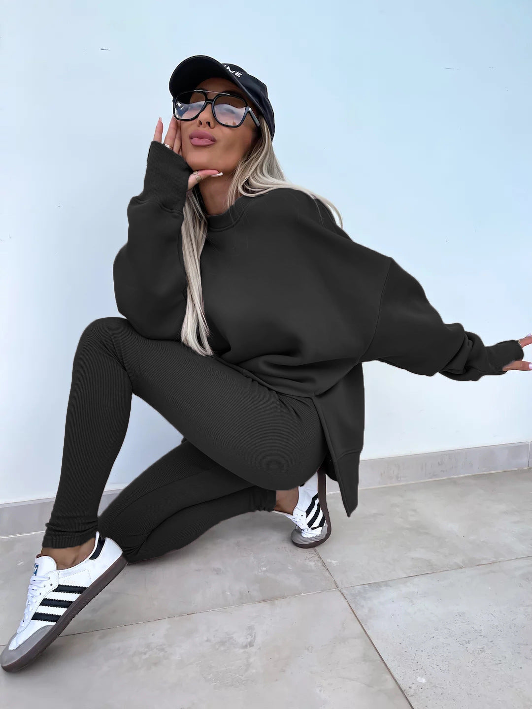 Solid Color Elastic Sweatshirt&Trouser 2Pcs